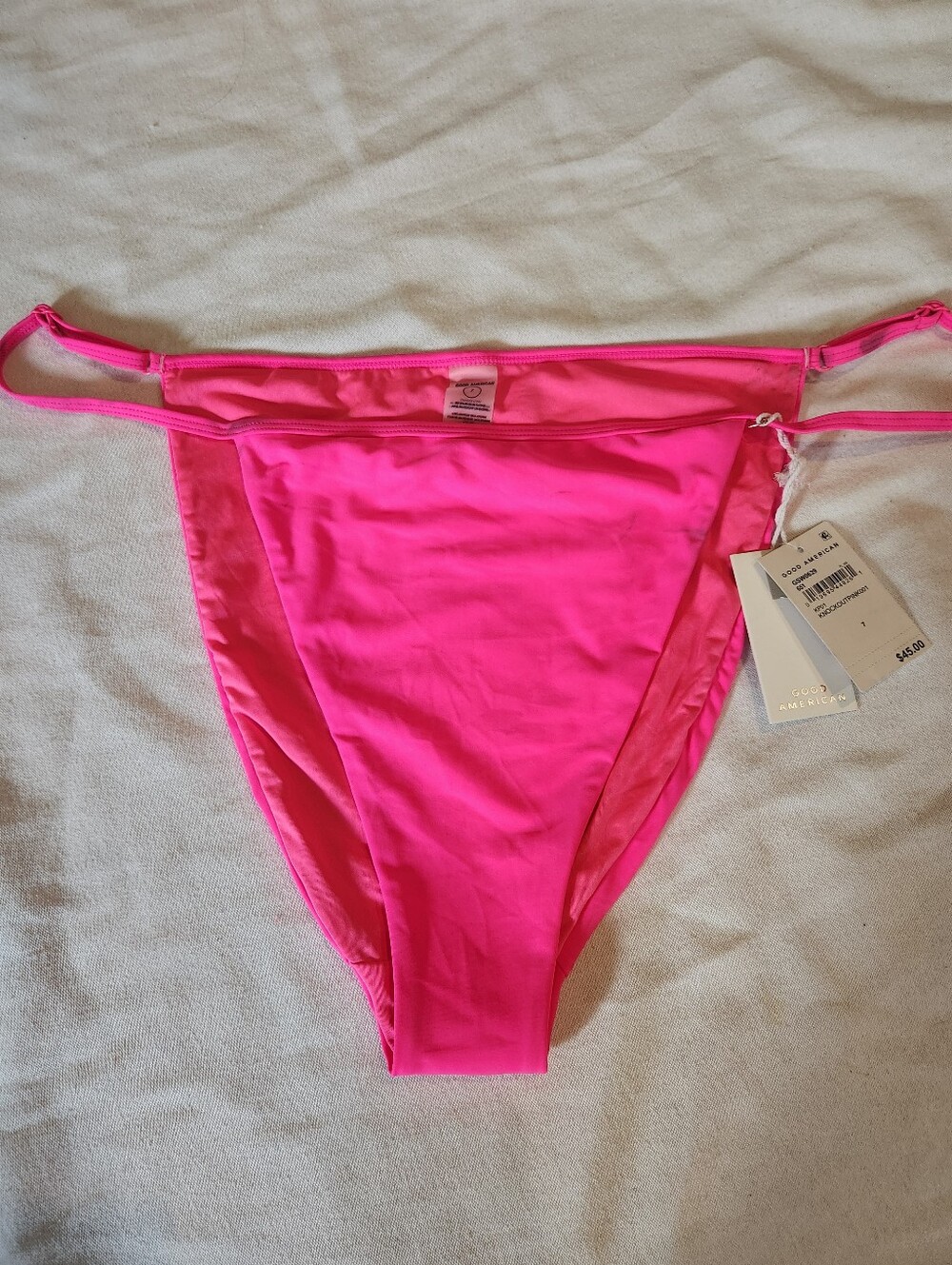 Good American Knockout Pink Strappy Bikini Bottom Size 7 NWT Flawed
